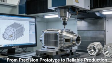 A complex aerospace component being precision machined on a 5-axis CNC mill in a modern facility, with CAD design on screen, showcasing advanced manufacturing for technology solutions.
