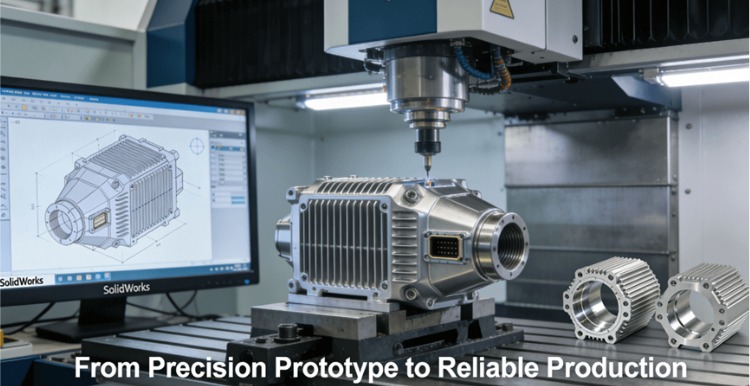 A complex aerospace component being precision machined on a 5-axis CNC mill in a modern facility, with CAD design on screen, showcasing advanced manufacturing for technology solutions.