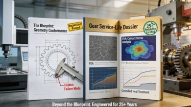 Two reports side by side: a simple 2D drawing with a caliper and a “passed” stamp but a hidden crack, versus a comprehensive “Service-Life Dossier” with material micrographs, FEA stress maps, and heat treat curves, certified for 25+ years of reliability in demanding conditions.